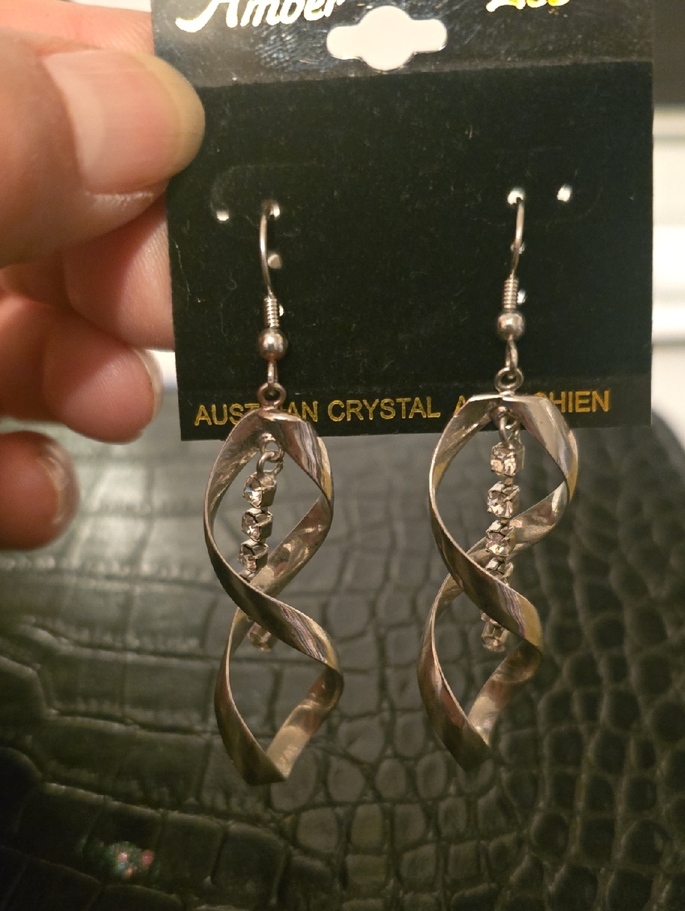 Twisted Drop Earrings with Crystal Accents - Silver Tone